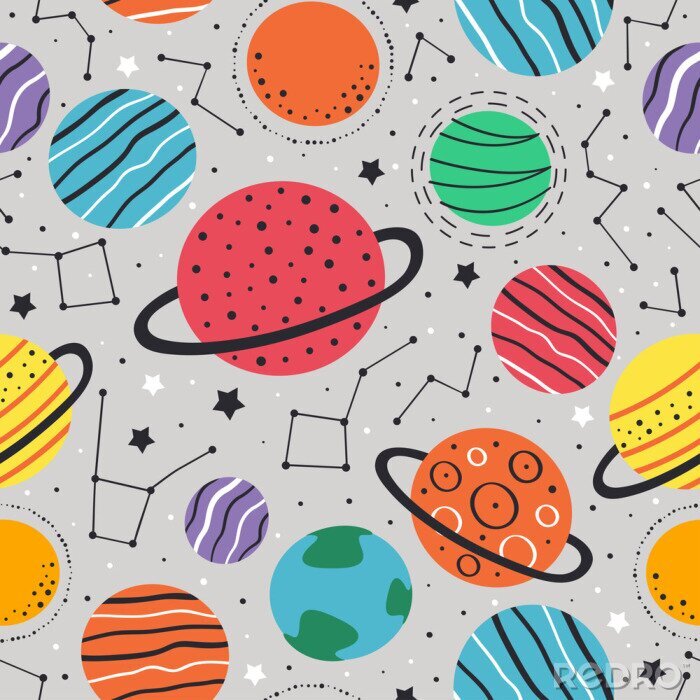 Tapete seamless pattern with planets and stars on gray background  - vector illustration, eps    
