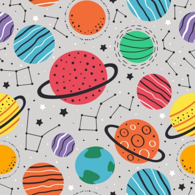 Tapete seamless pattern with planets and stars on gray background  - vector illustration, eps    