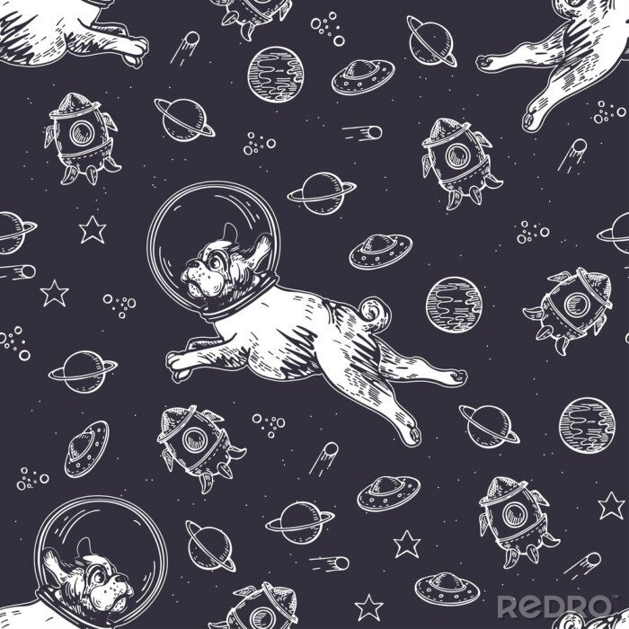 Tapete Seamless pattern with pugs, planets and rockets. Dog astronaut flies in space.