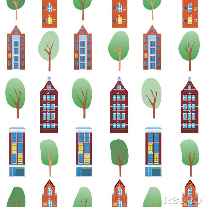 Tapete Seamless pattern with retro amsterdam houses and green trees as texture or background, flat vector stock illustration with europe as endless pattern isolated on white background