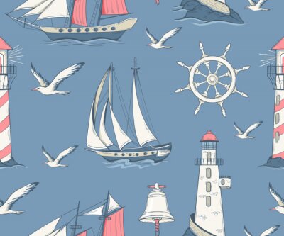 Tapete Seamless pattern with sailing yachts and nautical equipment