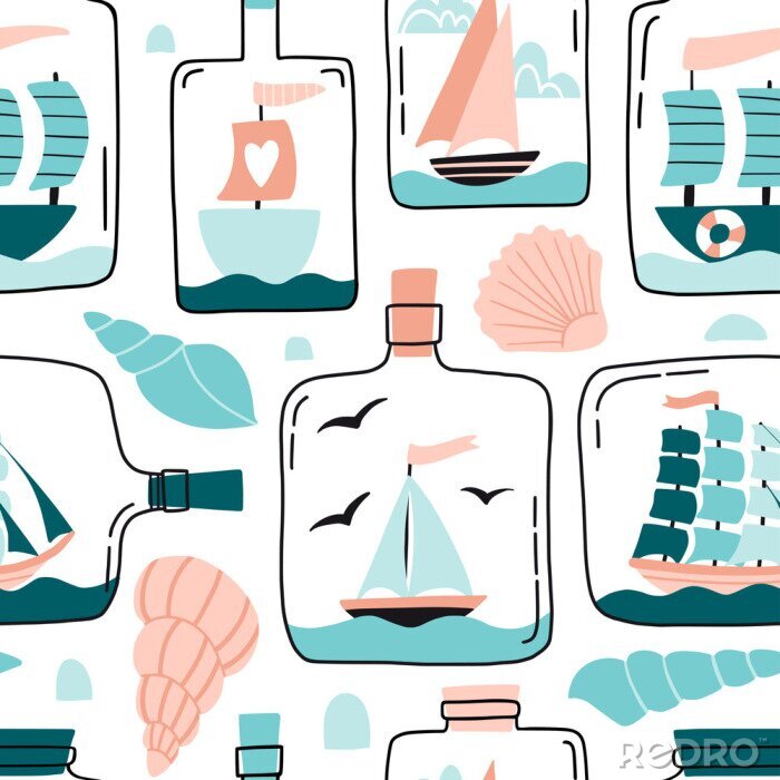 Tapete Seamless pattern with ships, sail boats in miniature in glass bottle