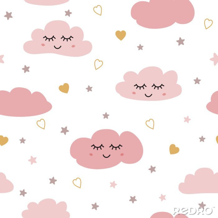 Tapete Seamless pattern with smiling sleeping clouds stars Pink baby girl pattern Vector