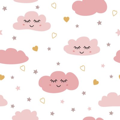 Tapete Seamless pattern with smiling sleeping clouds stars Pink baby girl pattern Vector
