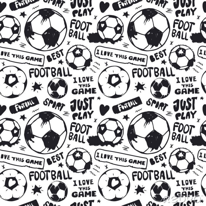 Tapete Seamless pattern with soccer balls and text for textile. Hand drawing, short hand-written phrases: just play, i love this game. Sports background.