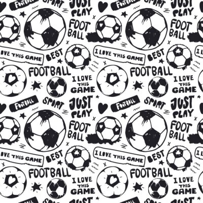 Tapete Seamless pattern with soccer balls and text for textile. Hand drawing, short hand-written phrases: just play, i love this game. Sports background.