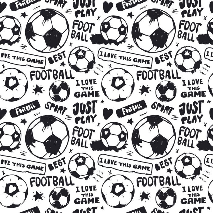 Tapete Seamless pattern with soccer balls and text for textile. Hand drawing, short hand-written phrases: just play, i love this game. Sports background.