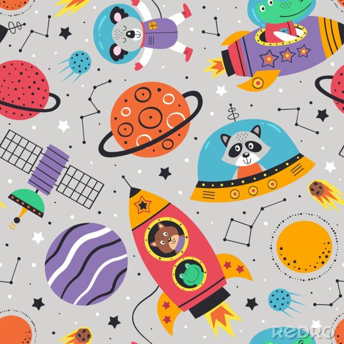 Tapete seamless pattern with space animals on gray background.Koala,crocodile, raccoon, frog and squirrel  - vector illustration, eps    