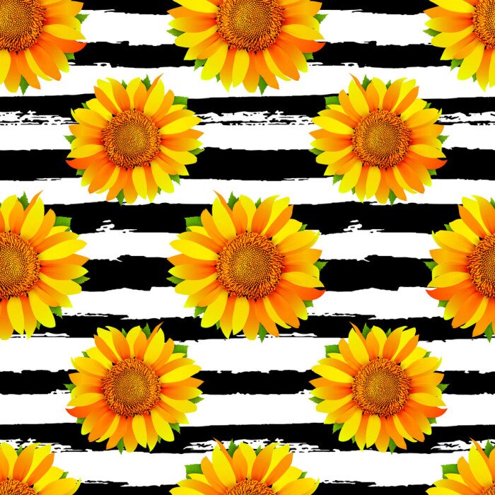Tapete Seamless pattern with sunflowers on black and white stripes background vector