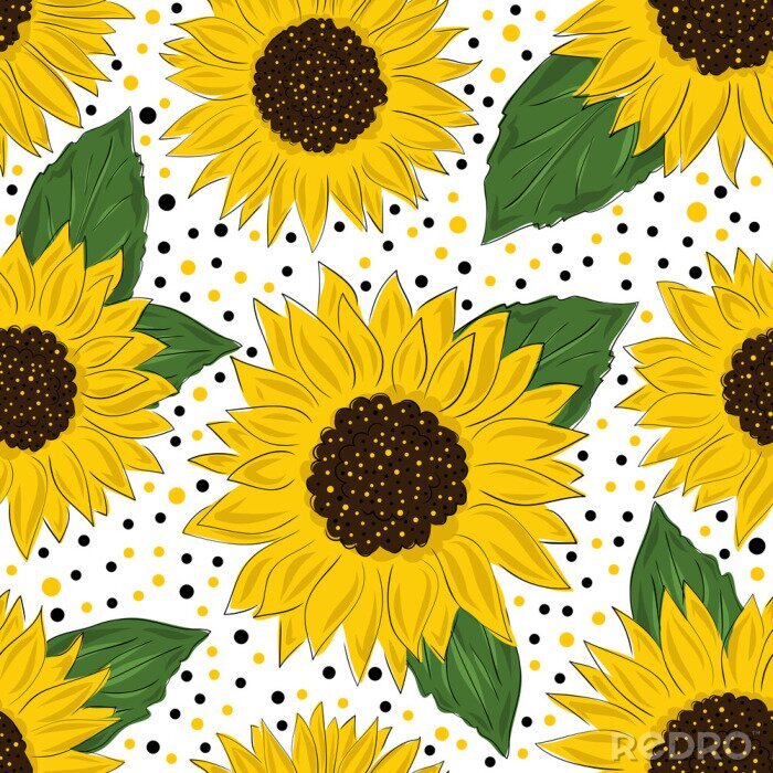 Tapete Seamless pattern with sunflowers on white background. Collection decorative floral design elements. Flowers, buds and leaf. Vintage hand drawn vector illustration in sketch and cartoon style.