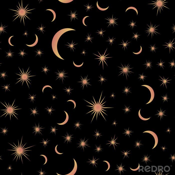Tapete Seamless pattern with suns, moons and stars. Vector gold and black illustration. Print could be used for textile, zodiac star yoga mat, underwear
