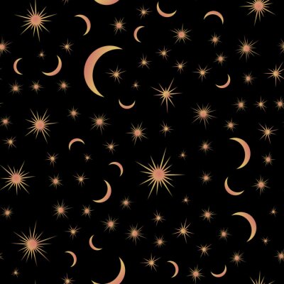 Tapete Seamless pattern with suns, moons and stars. Vector gold and black illustration. Print could be used for textile, zodiac star yoga mat, underwear