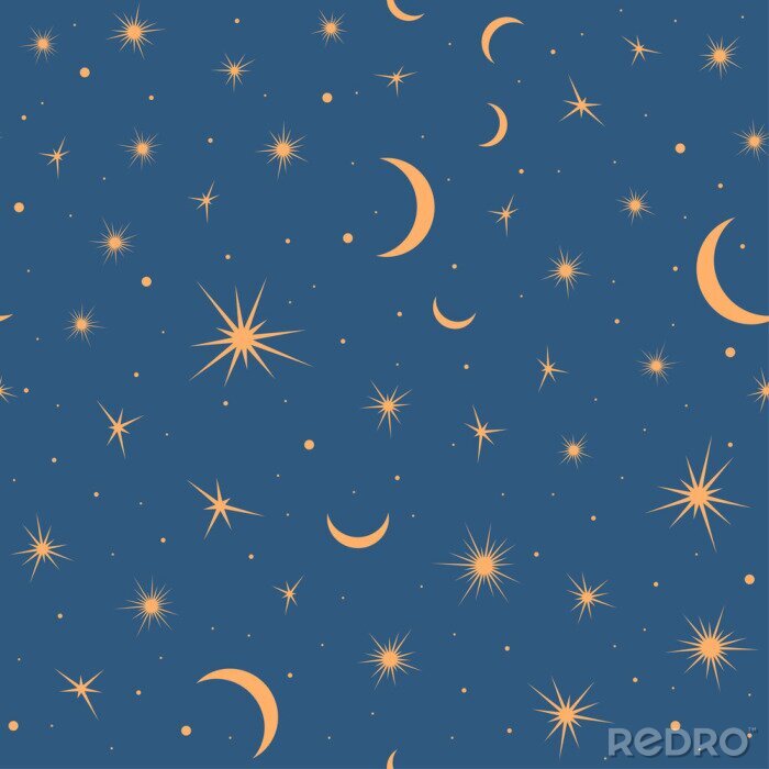 Tapete Seamless pattern with suns, moons and stars. Vector gold and blue illustration. Print could be used for textile, zodiac star yoga mat, underwear