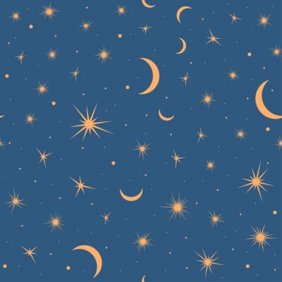 Tapete Seamless pattern with suns, moons and stars. Vector gold and blue illustration. Print could be used for textile, zodiac star yoga mat, underwear