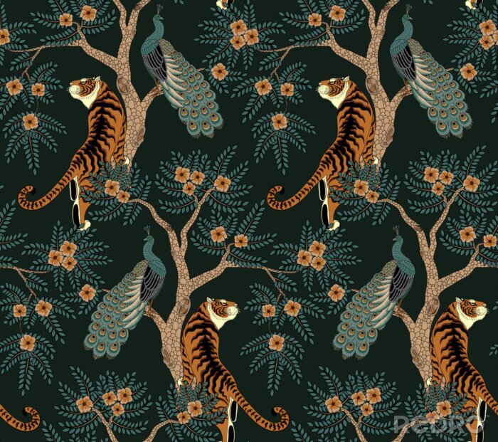 Tapete Seamless pattern with tiger and peacock on tree with flowers in asian style