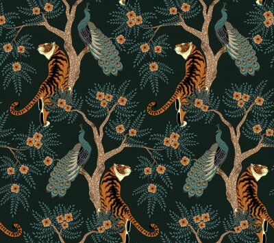 Tapete Seamless pattern with tiger and peacock on tree with flowers in asian style