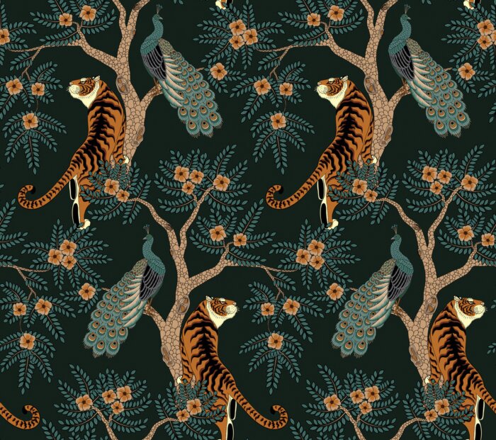 Tapete Seamless pattern with tiger and peacock on tree with flowers in asian style