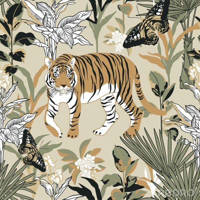 Tapete Seamless pattern with tiger in the tropics. Background with jungle, tiger and butterfly for surface design.