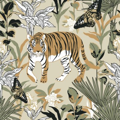 Tapete Seamless pattern with tiger in the tropics. Background with jungle, tiger and butterfly for surface design.
