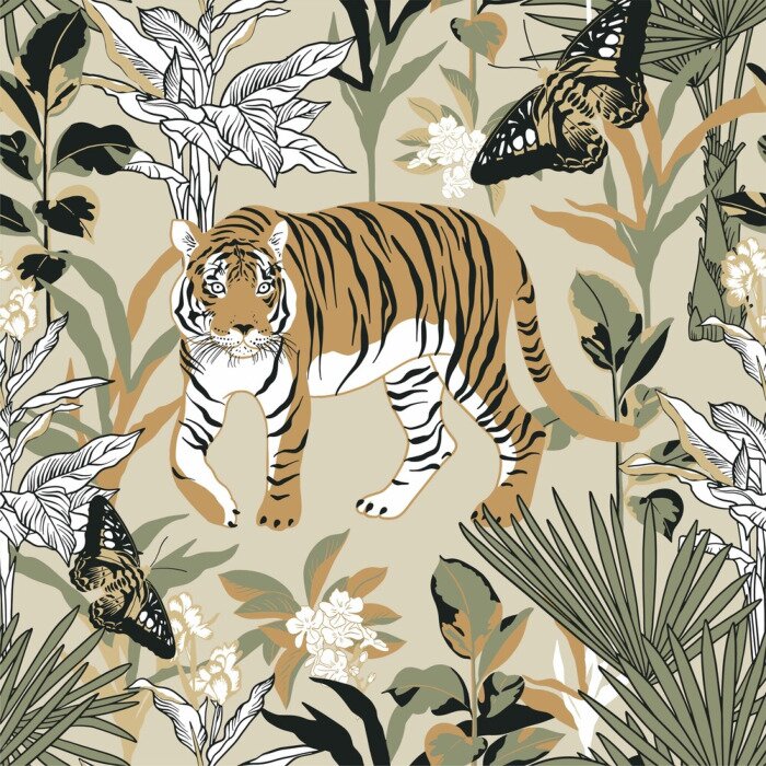 Tapete Seamless pattern with tiger in the tropics. Background with jungle, tiger and butterfly for surface design.