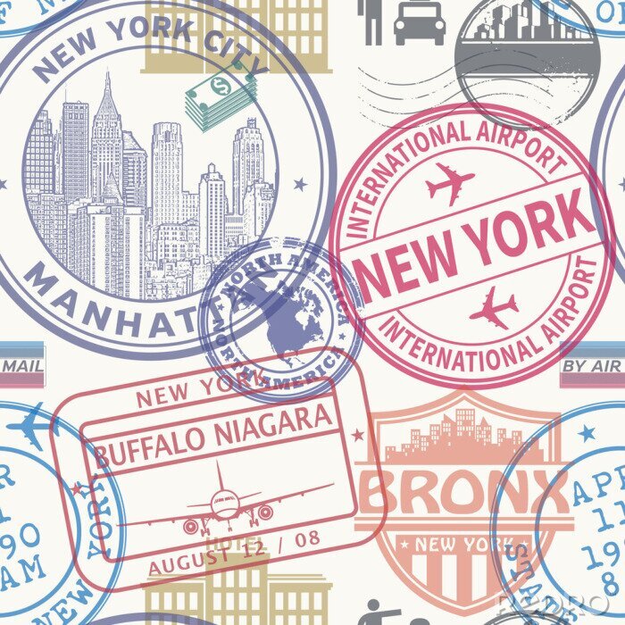Tapete Seamless pattern with visa rubber stamps on passport
