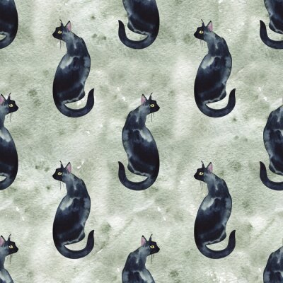Tapete Seamless pattern with watercolor silhouette of black cat with long tail.