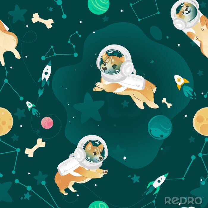 Tapete Seamless pattern with Welsh Corgi dogs flying in open space cartoon style