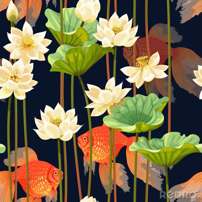 Tapete Seamless pattern with white lotus and fish
