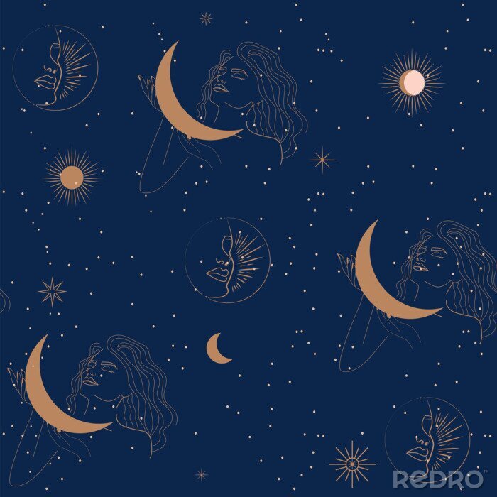 Tapete Seamless pattern with woman, moon and stars in one line style. Astrology background. Editable vector illustration