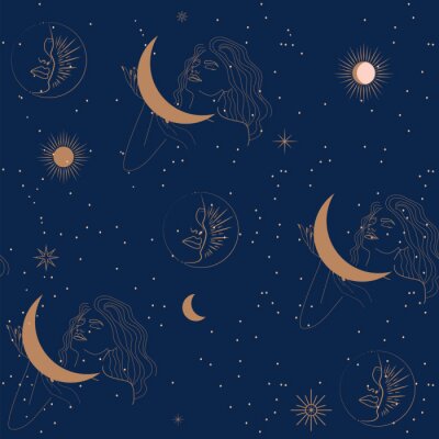 Tapete Seamless pattern with woman, moon and stars in one line style. Astrology background. Editable vector illustration