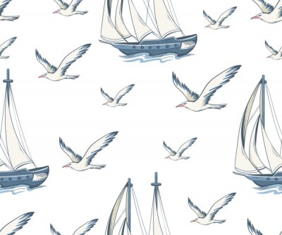 Tapete Seamless pattern with yachts and seagulls. Nautical pattern
