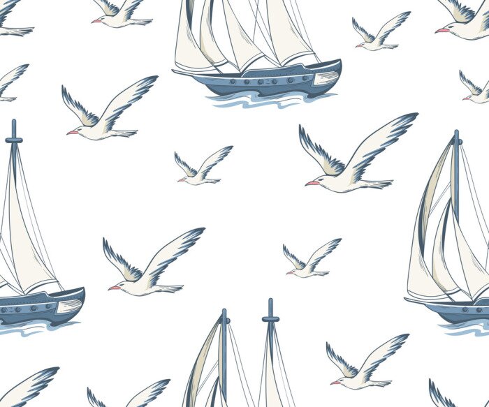 Tapete Seamless pattern with yachts and seagulls. Nautical pattern