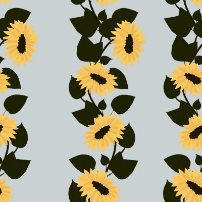 Tapete Seamless pattern with yellow sunflowers and green leaves. Bouquets with sunflowers. Sunflowers on a blue background.