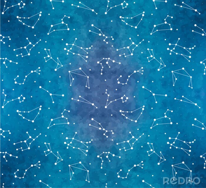 Tapete Seamless pattern with zodiac constellations on watercolor background. Vector zodiac signs.