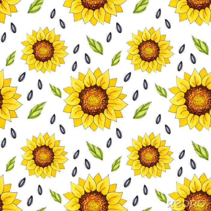 Tapete Seamless patterns with bright sunflowers on a white background. These images are suitable for creating home textiles, wallpapers, backgrounds and decor.