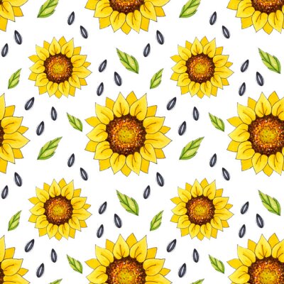 Tapete Seamless patterns with bright sunflowers on a white background. These images are suitable for creating home textiles, wallpapers, backgrounds and decor.