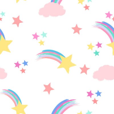Tapete Seamless repeat pattern in pastel colors with shooting stars, rainbows and clouds