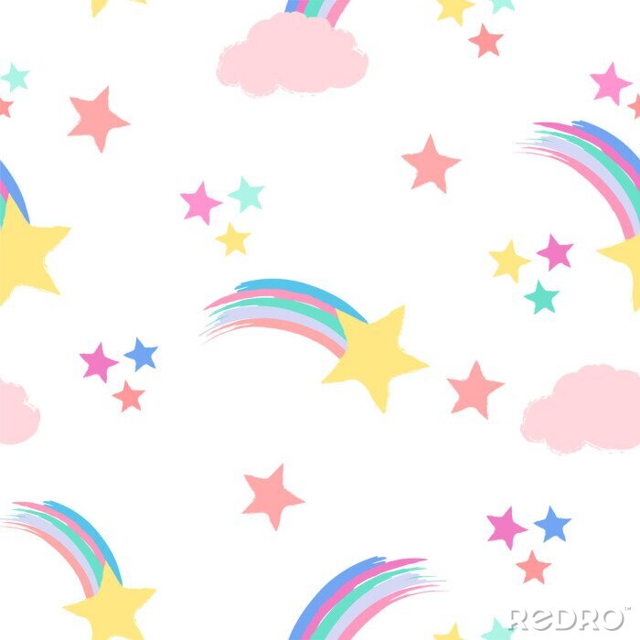 Tapete Seamless repeat pattern in pastel colors with shooting stars, rainbows and clouds