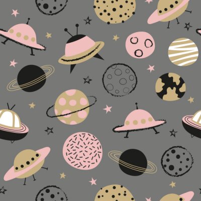 Tapete Seamless space pattern for kids. Vector background with cartoon planets and UFO.