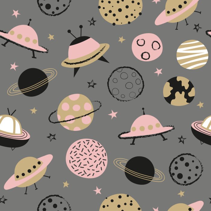 Tapete Seamless space pattern for kids. Vector background with cartoon planets and UFO.