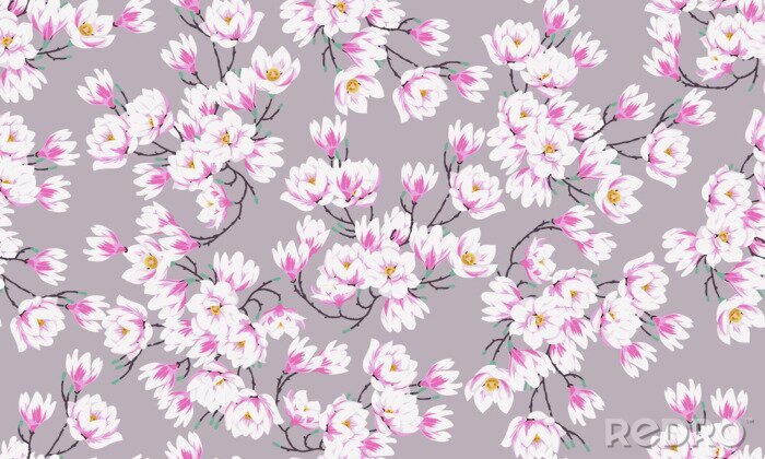 Tapete Seamless spring pattern with magnolias. Design of fabric for elegant summer dress