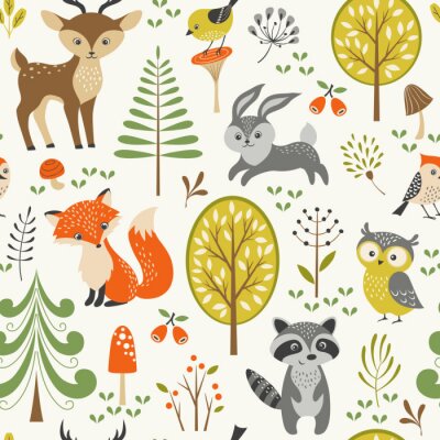 Tapete Seamless summer forest pattern with cute woodland animals, trees, mushrooms and berries