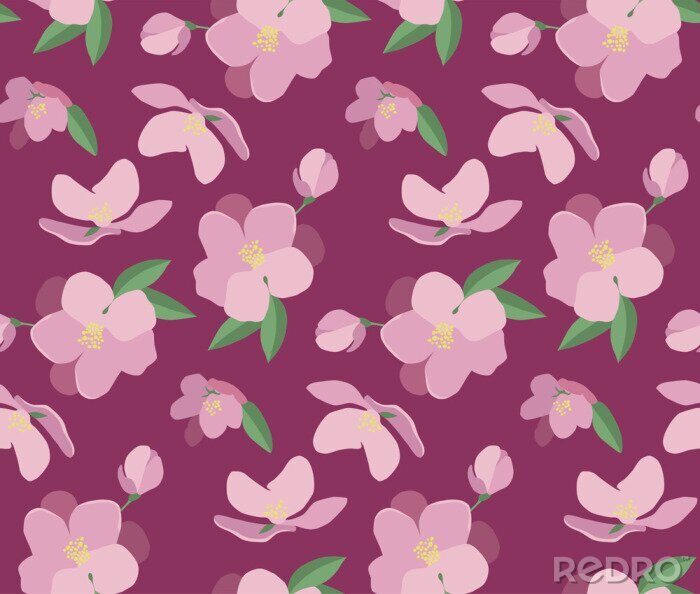 Tapete Seamless vector pattern with beautiful magnolia flowers. Hand drawn nature painting. For wrapping, fabric, wallpaper. On a dark pink background