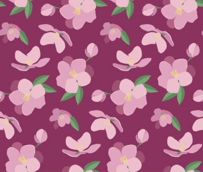 Tapete Seamless vector pattern with beautiful magnolia flowers. Hand drawn nature painting. For wrapping, fabric, wallpaper. On a dark pink background