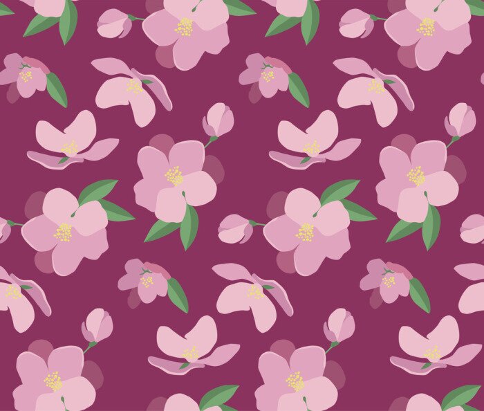 Tapete Seamless vector pattern with beautiful magnolia flowers. Hand drawn nature painting. For wrapping, fabric, wallpaper. On a dark pink background
