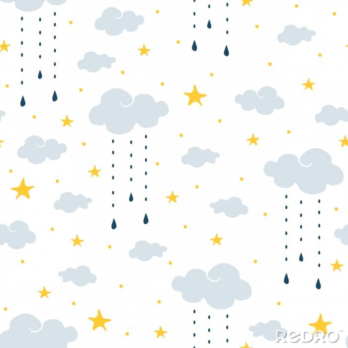 Tapete Seamless vector pattern with clouds, rain and stars on white background. Gentle night sky children wallpaper design. Ideal for fabric, baby clothes, children room decoration.