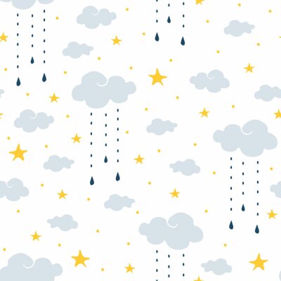 Tapete Seamless vector pattern with clouds, rain and stars on white background. Gentle night sky children wallpaper design. Ideal for fabric, baby clothes, children room decoration.