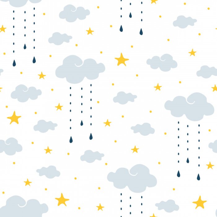 Tapete Seamless vector pattern with clouds, rain and stars on white background. Gentle night sky children wallpaper design. Ideal for fabric, baby clothes, children room decoration.