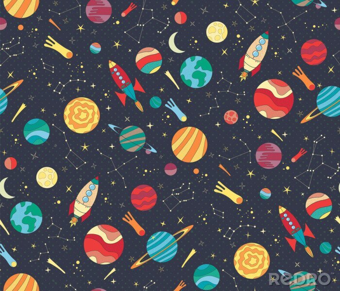 Tapete Seamless vector pattern with colorful hand drawn spaceships, planets and stars. Astronomy themed pattern for wallpaper, textiles, kids prints. Schools and science design.