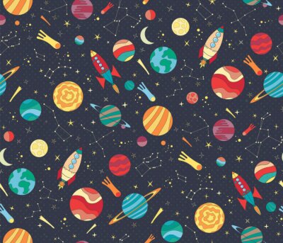 Tapete Seamless vector pattern with colorful hand drawn spaceships, planets and stars. Astronomy themed pattern for wallpaper, textiles, kids prints. Schools and science design.